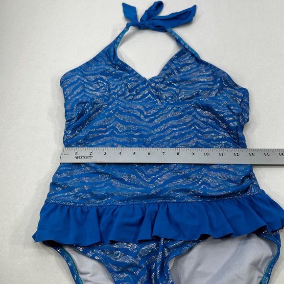 Justice Swim Girl's Size 18 One Piece Swim Suit Tie Neck Blue Preowned - Picture 7 of 11